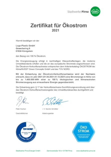 Zertifikat Ökostrom Logo-Plastic GmbH